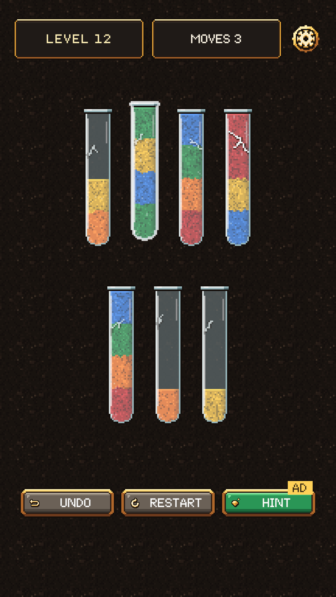 Pixel Dunes gameplay: seven glass tubes holding layers of colored pixel, with Undo, Restart and Hint buttons below