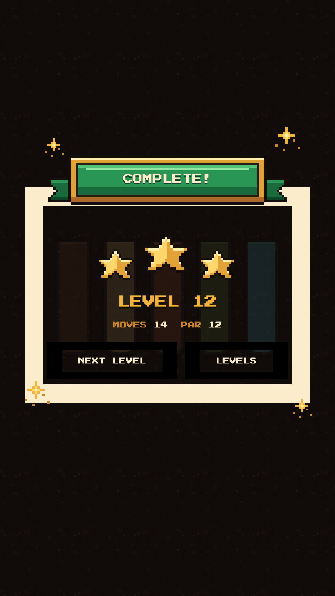 Level complete panel with three gold stars, move count and PAR