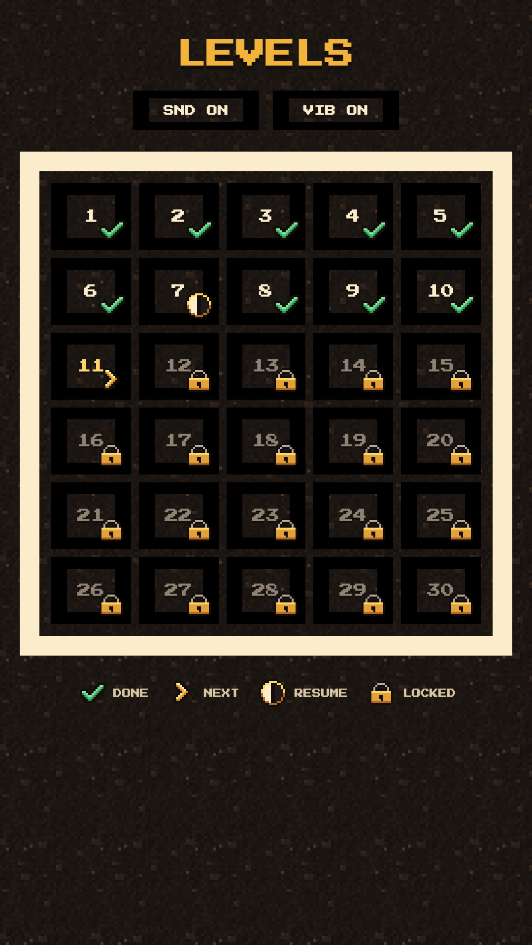 Level select grid showing completed levels with green checks, the next level, and locked levels