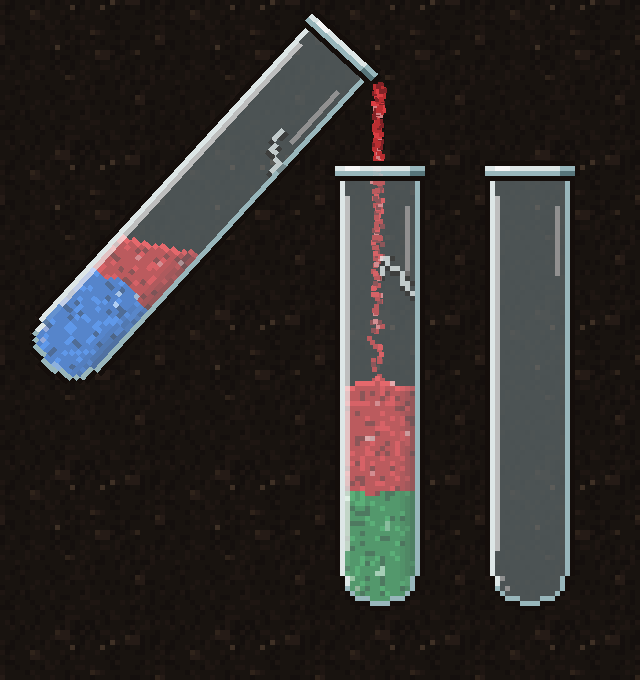 A tilted tube pouring red pixel in a thin stream into another tube