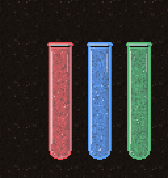 Three finished tubes, each filled with a single color and glowing with a colored rim